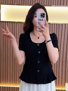 French Square Neck Black Short Sleeve Plus Size T-Shirt