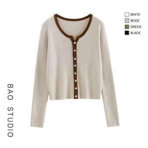 BAO STUDIO round Neck Knitwear Short Style Color Block Design Slimming Top Small Size Open Cardigan Womens Fashion Spring Collection