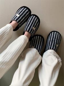 2025 New Indoor Anti-Slip Couple Home Plush Slippers Autumn Winter Large Size Stripe Men Women Cotton Slippers Korean Style Warm Home Slippers