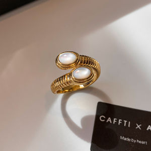 CAFFTI | Golden Black Onyx White Mother-of-Pearl Adjustable Ring