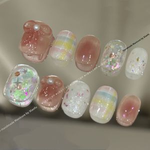Candy Colored Plaid Gradient Handmade Butterfly Knot Short Worn Nails Pearl Girl Cute Fashionable False Nails