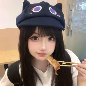 Sweet Cute Cartoon Style Beret Hat for Women Thin Spring Autumn Ears up Octagonal Hat Small Face Effect Casual Street Wear