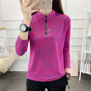 Womens Ice Silk Quick Dry T-Shirt Breathable Mesh Fabric Outdoor Long Sleeve Polo Neck Climbing Hiking Camping Traveling Clothing