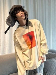 Heavyweight Pure Cotton Apricot Long Sleeve Mens T-shirt Spring Autumn American High Street Pattern Print Trendy Brand Top Ins