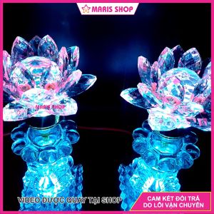 [Giá một cặp] Bộ 2 Đèn Hoa Sen Pha Lê Nguyên Khối Để bàn Thờ Phật Đèn Hoa Sen Đèn Thờ Cúng Cao 26cm [MRHT32-VUONG]