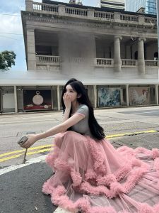 MISS CHANGE Dream Style Pure Color Cake Skirt with High Waist and Ruched Asymmetry Details Long Dress for 18-24 Birthday Party