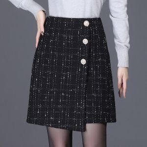 Slimming High Waist Tweed Mini Skirt Womens Autumn Winter New Style Checkered Wrap around Skirt Korean Style Commute Skirt
