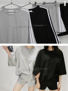 ชุดกีฬาลำลองผ้าฝ้ายแขนสั้นสำหรับผู้หญิง ชุดกีฬาฤดูร้อน เอวกลาง ทรงหลวม คอกลม แฟชั่นนักเรียน ไซส์ใหญ่ ชุดทำงาน