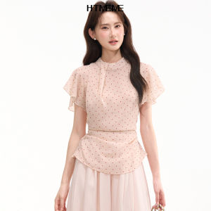 HTMEME | Cream Soda Dotted Ruffled Short Sleeve Stand Collar Blouse
