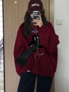 เสื้อฮู้ดสีแดงไวน์ขนาดใหญ่ 300 ปอนด์ สไตล์อเมริกัน เสื้อคลุมกันหนาวฤดูใบไม้ร่วง/ฤดูหนาว สำหรับผู้หญิง ทรงหลวม ปกติ