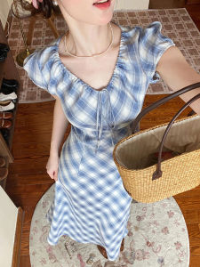 Elegant Blue Plaid V-neck Long Dress Womens Slim Fit High Waist Sleeveless Holiday Style Summer New Arrival Dress