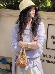 เสื้อสเวตเตอร์ถักแขนยาวลายจุดสีม่วงสำหรับผู้หญิง เสื้อคลุมกันแดดบางๆ ฤดูใบไม้ผลิและฤดูใบไม้ร่วง ทรงหลวมๆ ผ้าโพลีเอสเตอร์