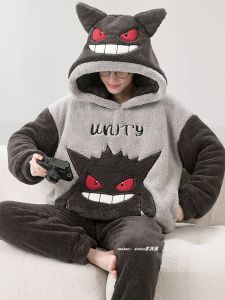 Mens Coral Fleece Hooded Sleepwear Thickened Home Clothes Two-Piece Set Autumn Winter Pokemon Cartoon Print Long Sleeve Pajamas