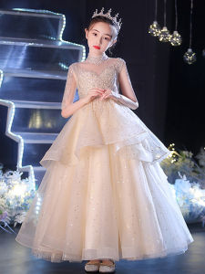 High-End Princess Dress Childrens Birthday Evening Gown Performance Outfit Flower Girl Host Piano Show Autumn Cotton Linen