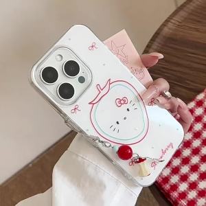 Cute Strawberry Cat Phone Case For iPhone 17 AIR 16 Pro Max with Strap 15 with Strap 14 13 12 11 XR 8 7 Plus White Clear Painted DIY Shockproof Cover