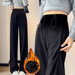 Pregnant Women Thickened Fleece Drawstring No Belly Support Autumn Winter Spring Casual Pants Wide Leg Trousers Comfortable Fit