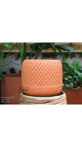 Chậu Trồng Cây Gốm Đất Nung (Terracotta) Dáng Trụ Tròn Hoa Văn Đan Lưới
