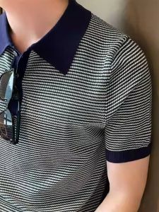 Mens New Style Premium Knitted Short Sleeve Slim Fit Polo Shirt Summer Light Mature Turn Collar Striped Design Fashionable