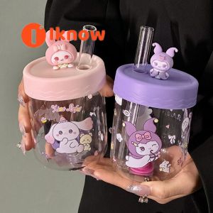 I know 430ML Straw cup cartoon sanrio Cinnamoroll Kuromi Melody water cup Heat-Resistant Transparent Glass Mug Cute