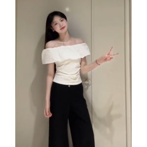 YUEZHONGWEI | French Elegant Off-Shoulder Ruffle Sleeveless White T-Shirt Women Summer Design Slim Fit Exposed Shoulder Top Commute Style Pure Color