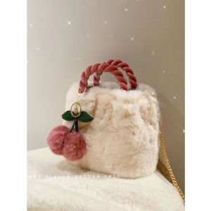 Cherry Plush Handbag Womens Fashion Autumn Winter Furry Shoulder Crossbody Bag Soft Polyester Lining Magnetic Buckle Closure