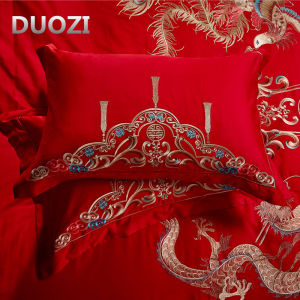 Pure Cotton Embroidered Red Pillowcase for Single Bed 48*74CM Wedding Bedding Dragon and Phoenix Design First Class Quality