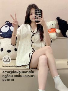 MiiOW | ชุดนอนผ้าไหมน้ำแข็งบางฤดูร้อนสำหรับผู้หญิง Catman พร้อมแผ่นรองหน้าอก ชุดนอนลำลอง แขนสั้น กางเกงขาสั้น ชุดอยู่บ้าน ผ้าฝ้ายโพลีเอสเตอร์ 95%
