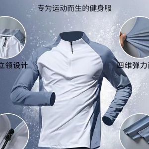 เสื้อผ้าฝึกซ้อมชายแขนยาว แห้งเร็ว ฤดูใบไม้ผลิ ฤดูร้อน ฤดูใบไม้ร่วง เสื้อยืดกีฬา กระดุมครึ่งตัว เสื้อผ้ากีฬา