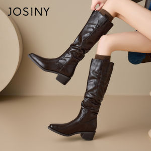 Josiny | Pointed Toe Knight Long Boot with Folded Design Coarse High Heel