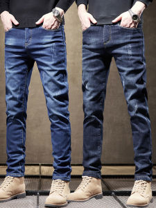 Spring New Style Retro Elastic Denim Jeans Comfortable Slimming Long Pants Mens Straight Leg Washed Casual Trousers