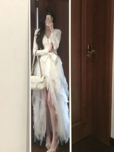 CHANGTONG | Elegant V-Neck Lace Waist-High A-Line Dress