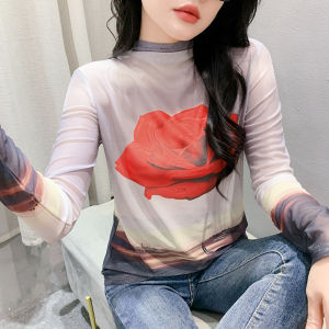 REHIN Autumn New Fashion Printed Half-Turtleneck Long Sleeve T-Shirt Elegant Graphic Printing Slim Fit Womens Top