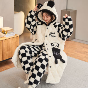miiow | Thickened Coral Fleece Robe Womens Long Three-Layer Cotton Sleepwear Winter Flannel Home Clothes Padded Hooded Cartoon Style
