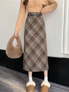 Retro Gingham Woolen Skirt Womens Autumn and Winter New Arrival Plus Size Ladies Plus Size Slimming Slit A- line Sheath Midi Dress