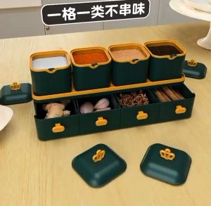 🐻DAILY2U🐻 Crown Seasoning Pot Drawer Type Seasoning Box Set Condiment Storage Container Salt Monosodium Glutamate Preservation Box