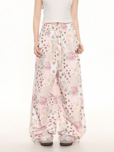 American Retro Floral Print Wide Leg Pants Women Loose Straight Casual Long Trousers Drawstring Comfortable Polyester Fiber