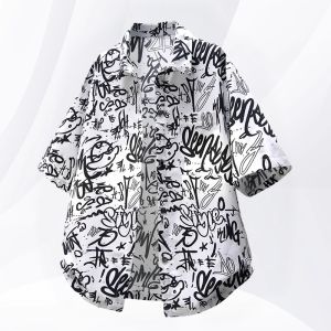 Loose Fit Ice Silk Short Sleeve Mens Shirt Casual Summer Fashion plus Size Oversize Coat Dyeing Process Youth Trend Shoulder Drop Cuff