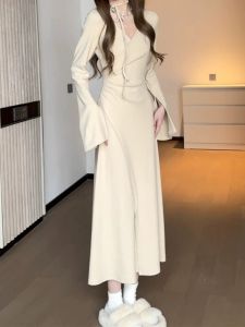 French Style Temperament Waist-Tight Draping Effect Adult Lady like Woman Figure-Flattering Long Sleeves V-neck Split Dress Womens Spring and Autumn New Arrival