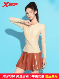 XTEP Long Sleeve Swimsuit Women 2025 New Conservative Slimming Bikini Style Beach Vacation Wear Nylon Spandex round Neckline