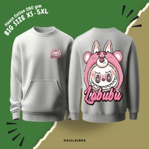 Hoodie Jumper HSCLO Cartoon Labubu Pink Warna Putih Bahan Fleece Jaket Lengan Panjang Ukuran Jumbo Big Size XS S M L XL XXL 3XL 4XL 5XL