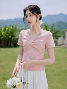 XIANGYING | Pink Bowknot V-Neck Casual T-Shirt Top