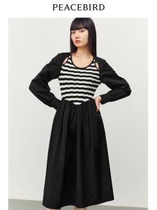 Peacebird Black French Style Splice Dress Spring Fashion High Waist A-Line Skirt Long Sleeve round Neck Single Piece Dress