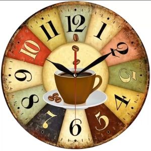 Jam Dinding Vintage Kayu Unik Artistik Model Coffee Klasik Retro Style Eropa Mesin Sweep Movement - Jam Tembok 3D Bulat 30 cm - Desain Unik dengan Gambar Coffee - Gaya Eropa (Promo)