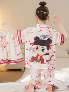Girls Summer Ice Silk Short Sleeve Sleepwear Cartoon Na Zha Home Clothes Three Piece Set Childrens Home Clothes Breathable Loose Fit