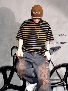 Heavyweight Pure Cotton Oversize Loose Fit Short Sleeve T-Shirt Mens Trendy Brand Summer Breathable Comfortable Stripe Pattern