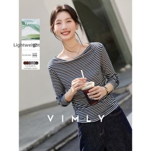 Vimly | Vintage French Style Striped Off-shoulder T-Shirt Long Sleeve