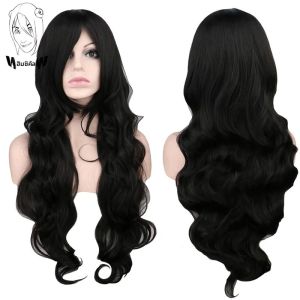 แปลก W ยาววิกผมสีดําคอสเพลย์ Body Wave วิกผมสังเคราะห์กับ Bangs สําหรับผู้หญิงเส้นใยอุณหภูมิสูงธรรมชาติผม