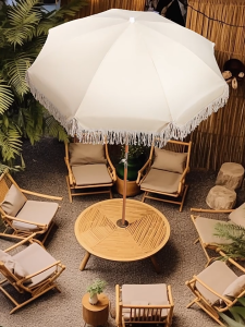 6ft Outdoor Patio Umbrella with Tassels UPF50+ UV Protection Wooden Pole 8 Fiberglass Ribs Foldable Sunshade for Garden Balcony & Fishing 阳光沙滩伞