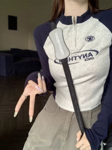 Plus Size Womens Long Sleeve T-Shirt for Autumn Zippered Slim Fit Patchwork Work Clothing Crewneck Short Length