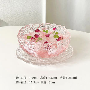Good-looking Glass Rose Dessert Bowl Dish Suit Exquisite Snow Fungus Broth Cubilose Bowl Yogurt with Spoon Sugar Water Oatmeal Bowl